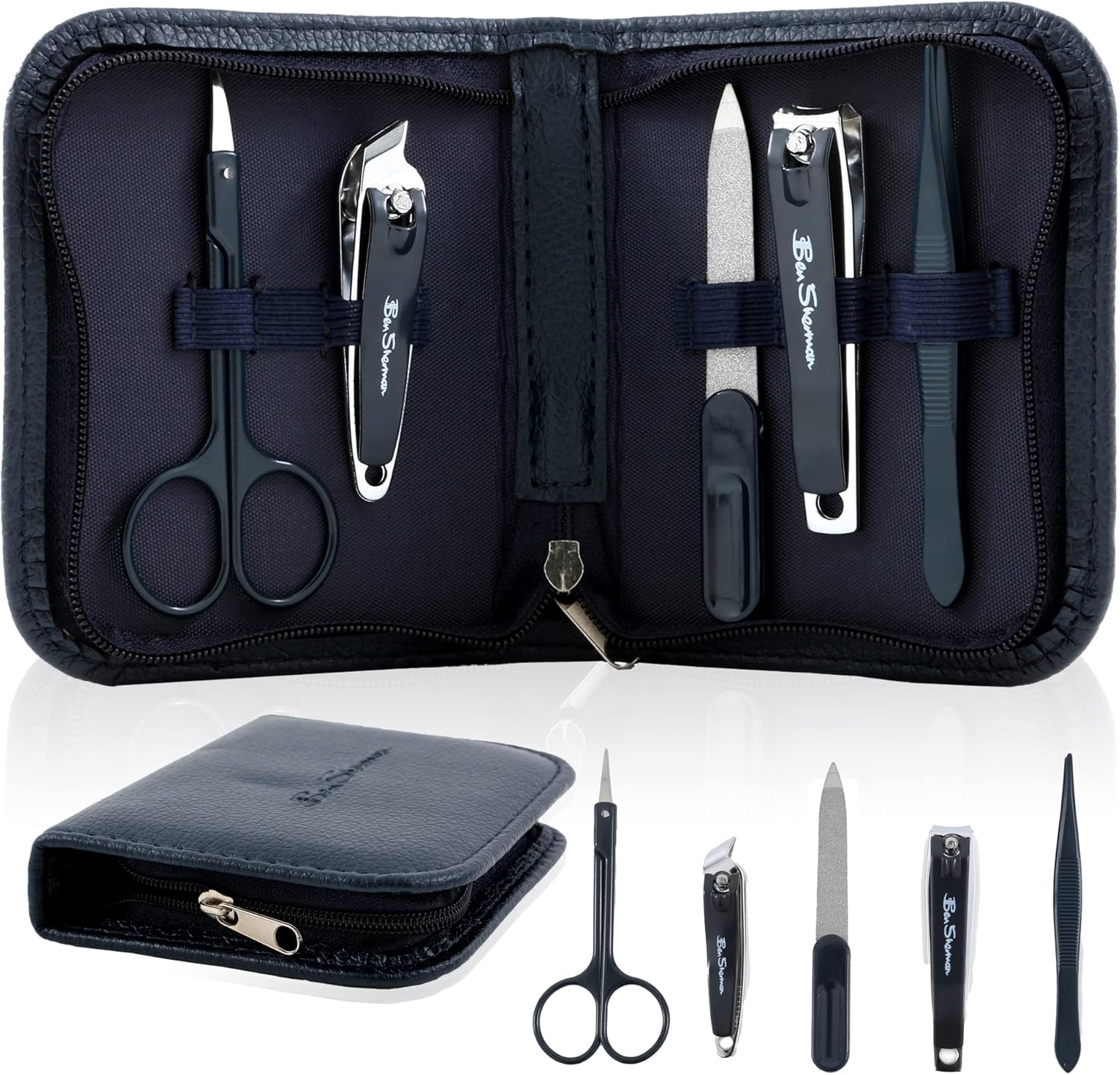 Ben Sherman Nail Clippers for Men Travel Size Nail Clipper Set, 5 Pcs Mens Nail Grooming Kit includes Nail Clippers, Scissors, Tweezers and Leather Traveling Case