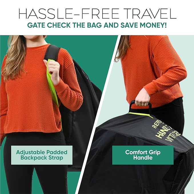 reperkid Large Stroller Bag for Airplane Travel, Black & Green, 47" H x 24" W x 15" D, Fits Most Large, Single, Double, Jogging Strollers – Premium Waterproof Cover, Adjustable Shoulder Straps-BubblyBeeBaby