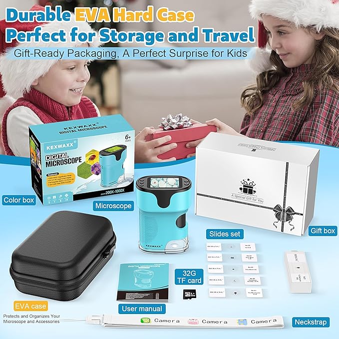 1000X Pocket Microscope for Kids - 4K 2.0" Screen, Digital Mini Scope with Slides Kit, Rechargeable Lab Handheld Portable Microscopes for Kids 4-12 Students Teens-BubblyBeeBaby