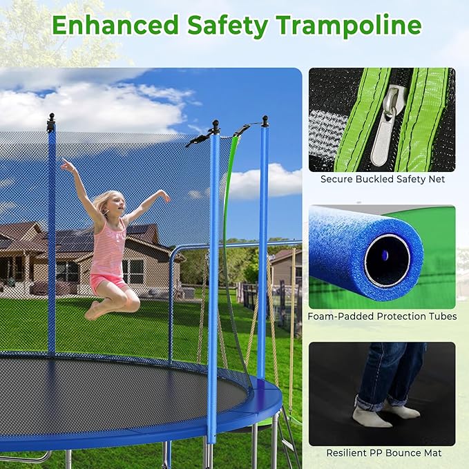 12FT 14FT Trampoline with Slide and Swings, ASTM Approved Outdoor Trampoline with Basketball Hoop and Ladder, Capacity for 5-7 Kids and Adults-BubblyBeeBaby