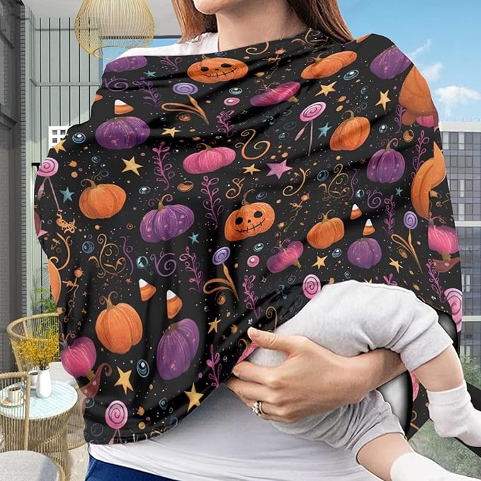 Binienty Infant Carseat Canopy, Cute Halloween Pumpkin Nursing Cover Soft Breathable Baby Car Seat Covers, Gifts for Mom Lover Wife-BubblyBeeBaby