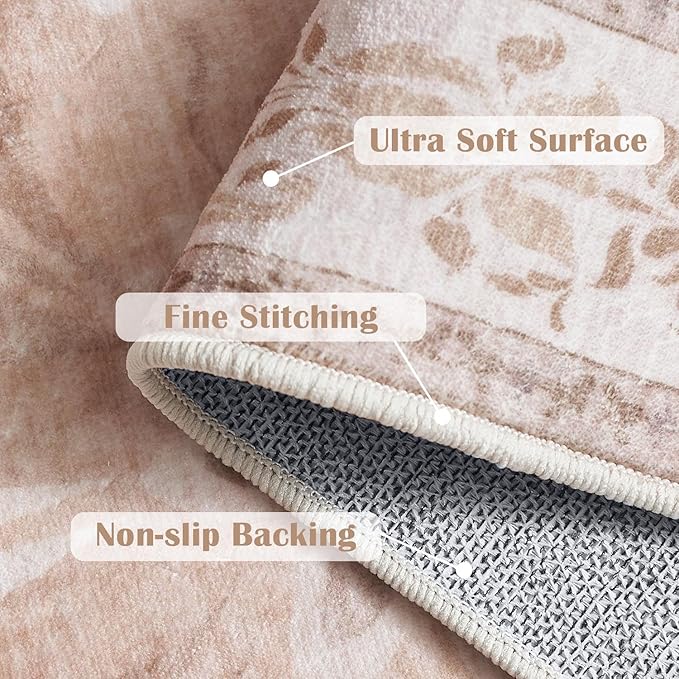 jinchan Vintage Floral Runner Rug 2x5 - Machine Washable Distressed Design Non-Slip Low-Pile Soft Thin Carpet for Hallway Kitchen Farmhouse Bedroom Entryway Laundry Room (2x5ft,Coral Pink)-BubblyBeeBaby