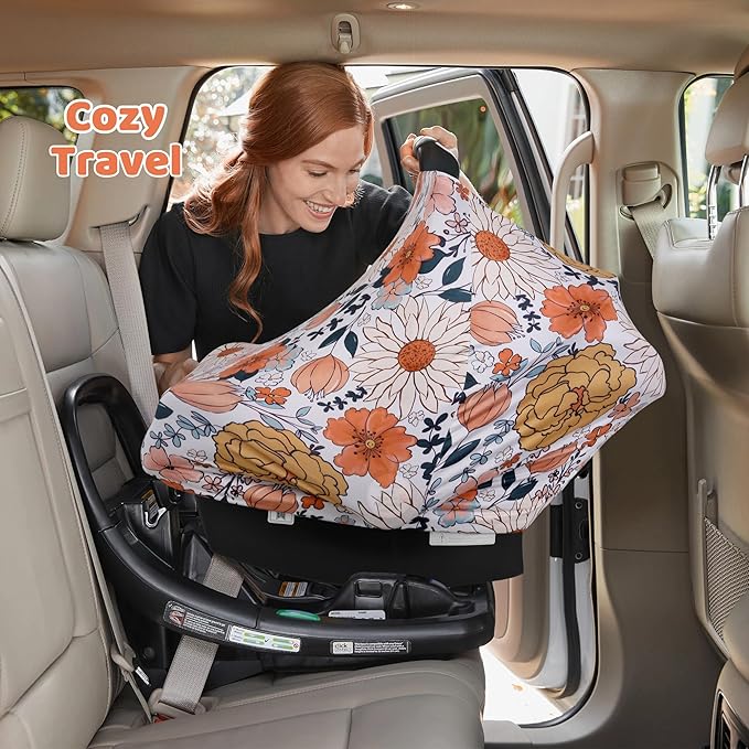 Rquite All-in-1 Car Seat Cover Baby, Carseat Covers for Girl Boy, Stretchy Soft Infant Car Seat Cover, Multi-use Baby Carrier Cover, Car Seat Canopy, Stroller Sun Shade, Nursing Breastfeeding Cover-BubblyBeeBaby