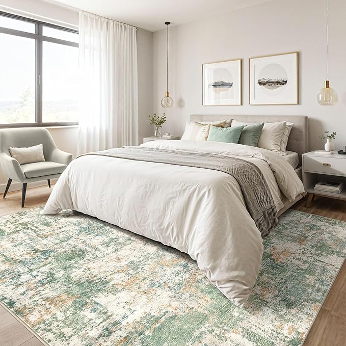 10x12 Area Rugs Living Room: Washable Large Abstract Soft Green Rug Stain Resistant Indoor Floor Non-Slip Accent Carpet for Men Modern Home Enthusiasts Aged 25-45 - Bedroom Office Playroom-BubblyBeeBaby