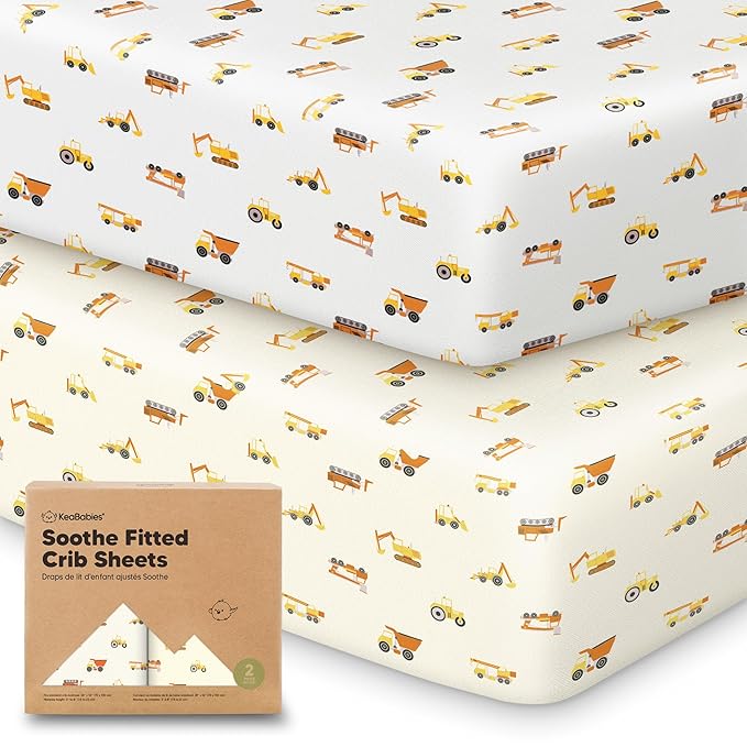 KeaBabies 2-Pack Organic Crib Sheets for Boys, Girls - 52x28 Fitted Crib Mattress Sheet Neutral, Breathable Jersey Cotton Cover for Baby Bed, Toddler Mattress, Soft & Cute Prints (Construction)-BubblyBeeBaby