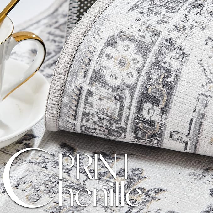 jinchan Long Hallway Runner Rug 2x12 Machine Washable Runner Rug Grey Vintage Floral Design Non-Slip Ultra-Thin for Kitchen Laundry Room Bedroom Farmhouse (2‘x12',Grey)-BubblyBeeBaby