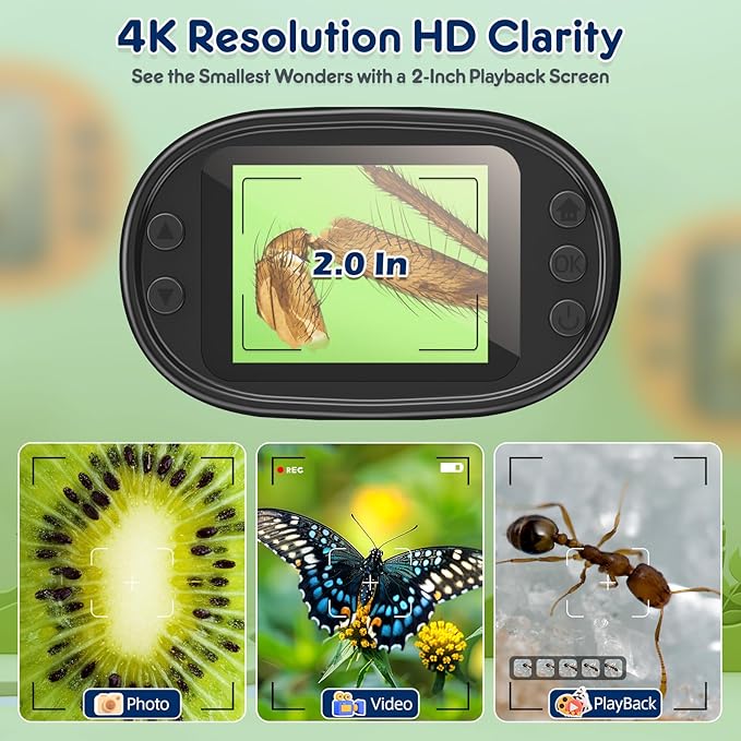 1000X Handheld Microscope for Kids 4K 2.0" Screen Rechargeable Mini Pocket Digital Microscopes w/Slides Kit Portable Edu Gift Age 4-6 8-12 Children Students (Grey)-BubblyBeeBaby