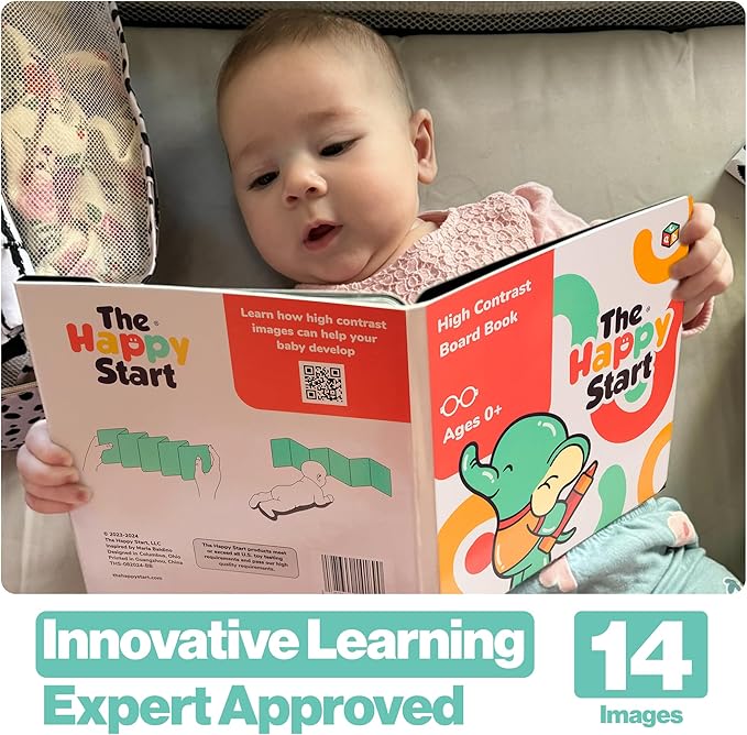 Happy Start Award-Winning High Contrast Board Book - Newborn Black & White Baby Cards, Easy to Clean, Hospital Approved, Stands on Its Own, Tummy Time Toy, Ages 0+ (English - Pack of 3)-BubblyBeeBaby