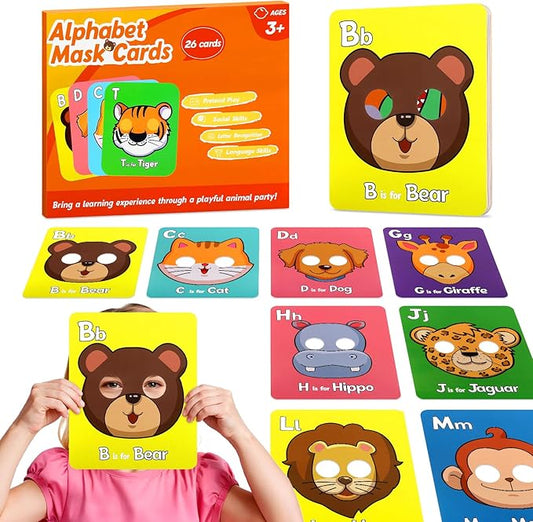 26 PCS Alphabet Mask Cards, Colorful Alphabet ABC Flash Cards with Animal Mask, Giant Letter ABC Animal Faces Flash Learning Flashcards-BubblyBeeBaby