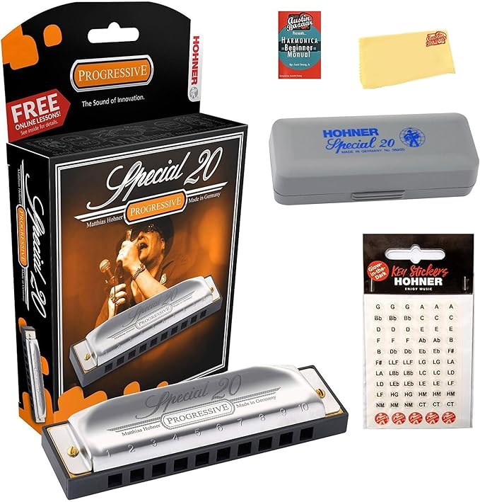 Hohner 560 Special 20 Harmonica - Key of A Bundle with Carrying Case, Key Stickers, Harmonica Beginner Manual, and Austin Bazaar Polishing Cloth-BubblyBeeBaby