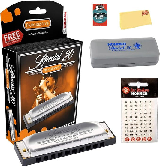 Hohner 560 Special 20 Harmonica - Key of A Bundle with Carrying Case, Key Stickers, Harmonica Beginner Manual, and Austin Bazaar Polishing Cloth-BubblyBeeBaby