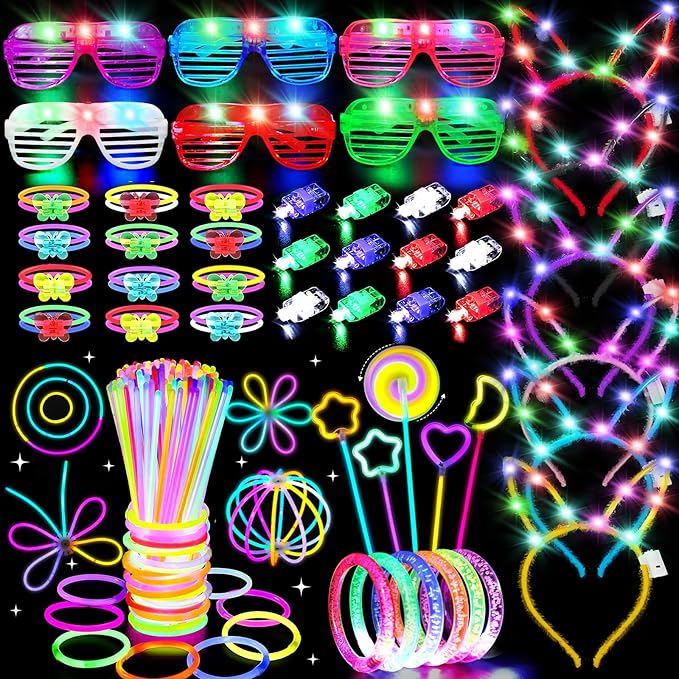 156PCS Glow in The Dark Party Supplies for Kids 8-12, Light Up Glasses Headband Rings Halloween Party Favor Adult, 100 Glow Sticks Bulk Party Pack DIY Necklaces Bracelets Neon Camping Pool Decorations-BubblyBeeBaby