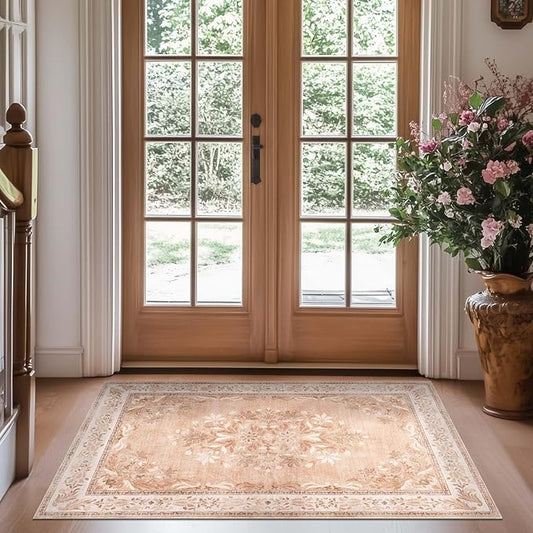 jinchan Vintage Floral 3x5 Area Rugs for Entryway - Machine Washable Distressed Design Ultra-Thin Low-Pile Soft Non-Shedding Carpet for Kitchen Bedroom Entrance Laundry Living Room (3x5ft,Coral Pink)-BubblyBeeBaby