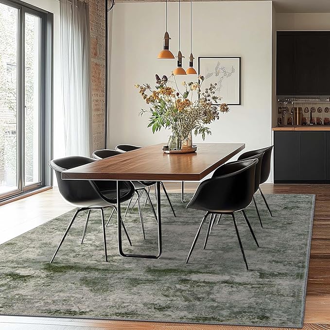 jinchan Washable Area Rug 6x9 for Living Room - Soft Faux Wool Ultra-Thin Stain Resistant Non-Slip Distressed Vintage Floral Rug Large Carpet for Bedroom,Dining Room,Home Office,Nursery(Green, 6'x9')-BubblyBeeBaby