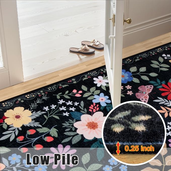 10x12 Area Rugs for Living Room: Floral Washable Rug Vintage Large Soft Boho Non-Slip Carpet Stain Resistant Low Pile Carpets for Bedroom Dining Room Farmhouse Nursery Hallway Home Office Black-BubblyBeeBaby