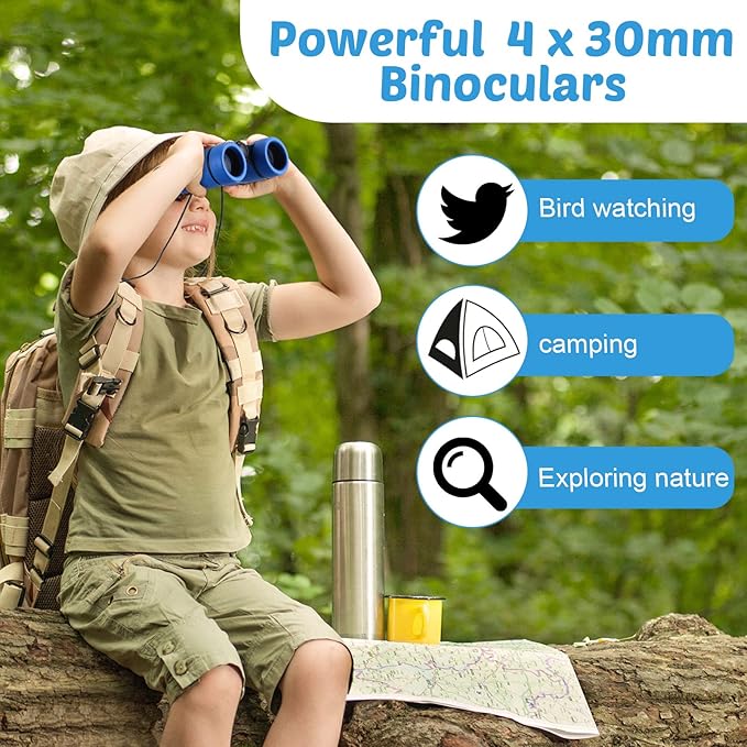 12 Pcs Kids Binoculars - Shock Proof, Folding, Small Telescope for Age 3-12 Boys & Girls - Educational Learning Binoculars for Hunting, Bird Watching, Camping & Outdoor-BubblyBeeBaby