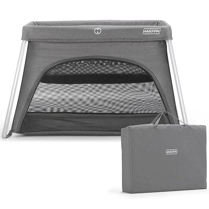 HARPPA Travel Crib with Comfy Mattress, Lightweight Portable Crib Requires No Assembly, Foldable Pack and Play for Baby and Toddlers, Compact Play Yard with Bed,Gray-BubblyBeeBaby
