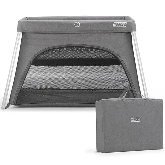 HARPPA Travel Crib with Comfy Mattress, Lightweight Portable Crib Requires No Assembly, Foldable Pack and Play for Baby and Toddlers, Compact Play Yard with Bed,Gray-BubblyBeeBaby