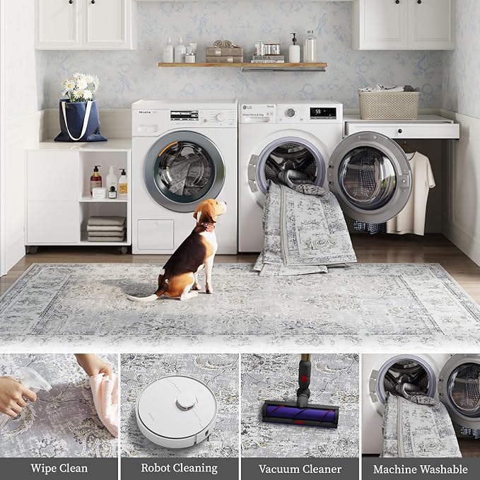 jinchan Long Hallway Runner Rug 2x12 Machine Washable Runner Rug Grey Vintage Floral Design Non-Slip Ultra-Thin for Kitchen Laundry Room Bedroom Farmhouse (2‘x12',Grey)-BubblyBeeBaby