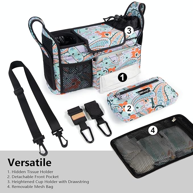 TOPDesign Universal Baby Stroller Organizer, Stroller Caddy with Detachable Mesh Bag & Heightened Insulated Cup Holders & Non-Slip Secure Hooks Accessories, Fits Most Strollers (Green Bandanna)-BubblyBeeBaby