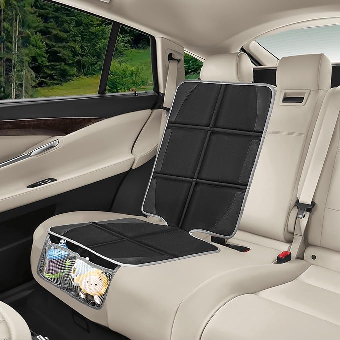 Car Seat Protector 2 Pack Baby Car Seat Covers with Mesh Pockets & Non-Slip Backing 600D Durable Seat Protector Under Baby Car Seat (Black & Gray, Large)-BubblyBeeBaby