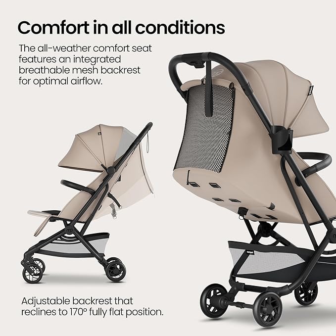 Mompush Velo Lightweight Travel Stroller – One-Hand Fold, Ultra-Compact & Airplane Friendly, Lie-Flat Recline Seat (from Birth to 50 lbs), Includes Cup Holder, Shoulder Strap, and Leather Bumper Bar-BubblyBeeBaby