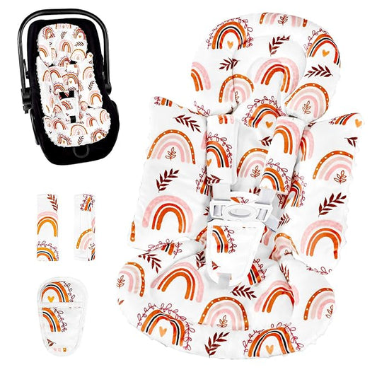 Pea Pod Infant Car Seat Insert with 3 Strap Covers, 3 in 1 Reversible Rainbow Baby Car Seat Head Support for Newborn, 3D Soft Minky Carseat Cushion for Preemie to Infant, Stroller, Swing, Bouncer-BubblyBeeBaby