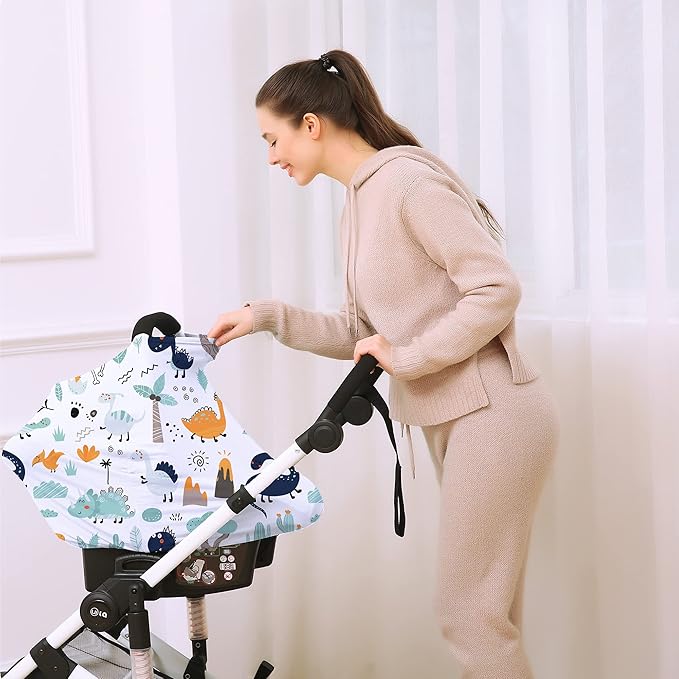 Multi-use Carseat Canopy Cover - Breathable Breastfeeding Covers, Car Seat Covers for Babies, Stroller Canopy Cover (Cute Dinosaur)-BubblyBeeBaby