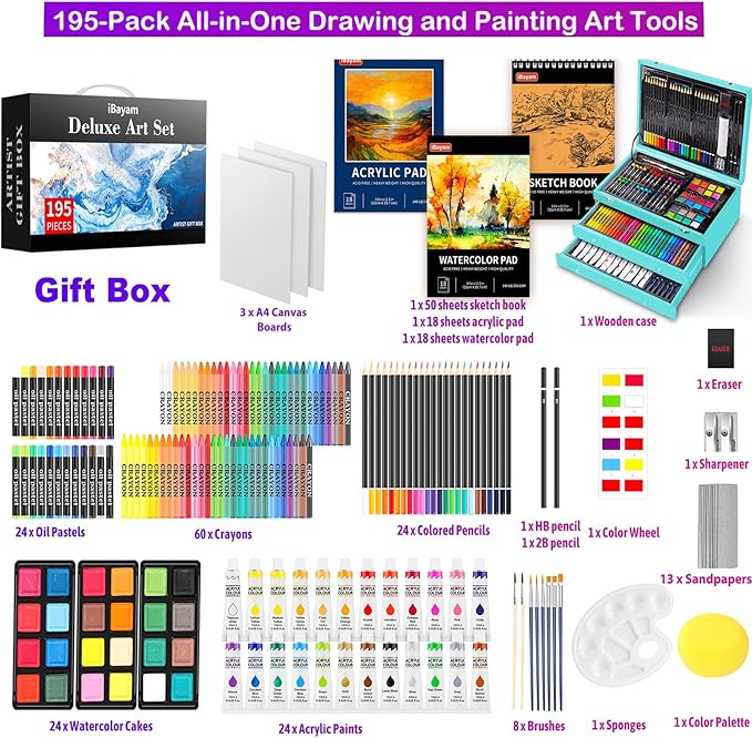 iBayam Arts and Crafts Kits for Kids Teens Girls Boys Adult, 195-Pack Deluxe Art Set Box with 3 PCS Drawing Pads, Canvases, Acrylic Painting, Drawing & Art Supplies for Pumpkin, Halloween, Christmas-BubblyBeeBaby