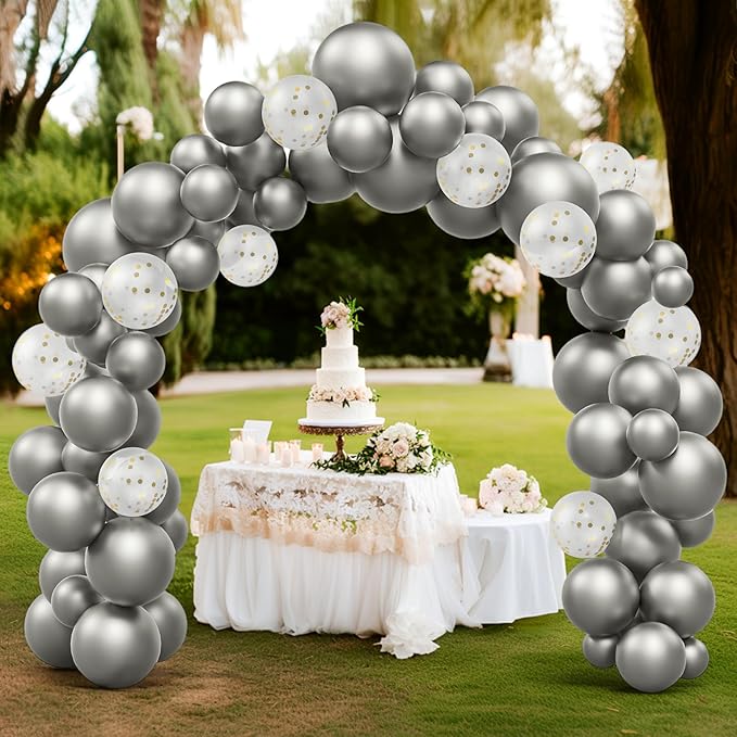 JOYIN 150 Pcs Metallic Silver Balloons, Different Sizes 18 12 10 5 Inch Silver Latex Balloon Arch Kit with Instruction for Birthday Party Graduation Wedding Holiday Decoration-BubblyBeeBaby