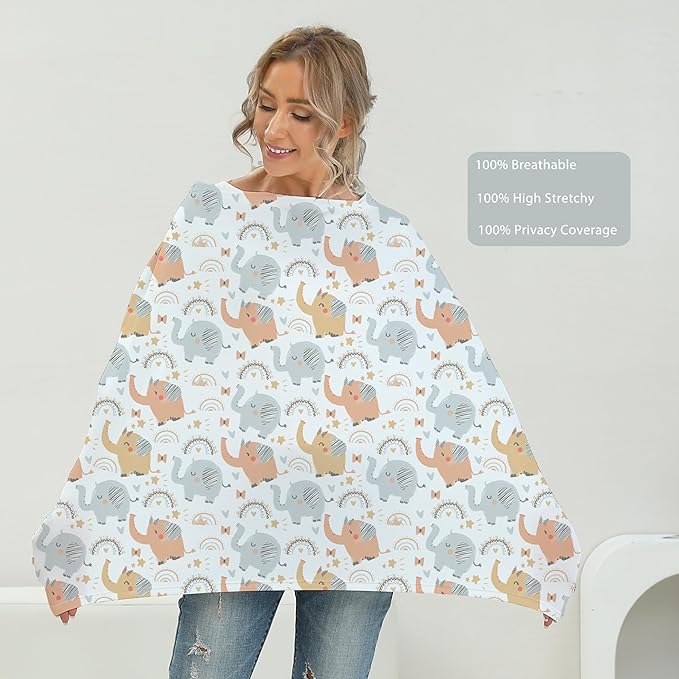 Breathable Car Seat Cover for Babies – Multi-Purpose Soft Rayon Nursing Cover for Breastfeeding, High Stretchy Infant Carseat Canopy, Stroller Cover (Smooth Rayon, Cute Elephant)-BubblyBeeBaby