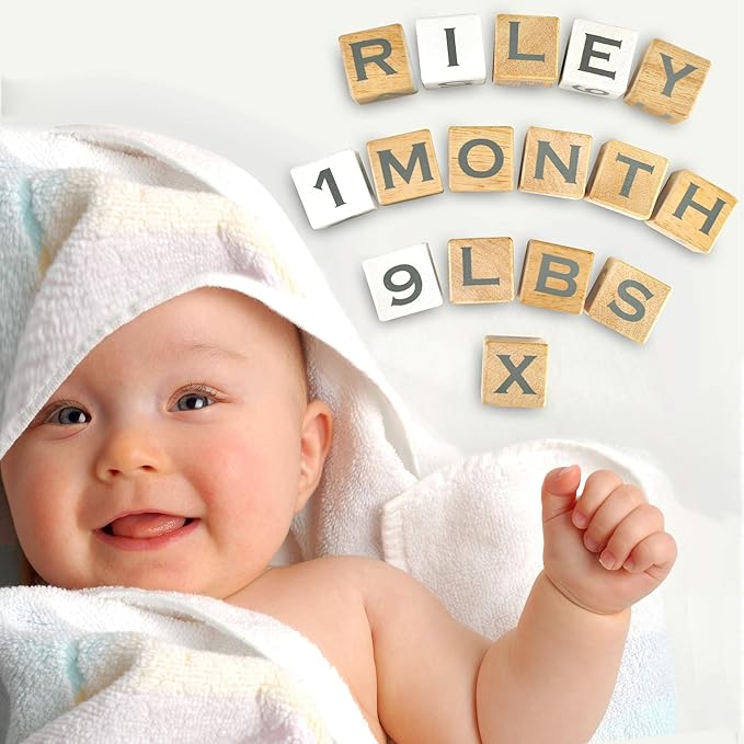 I'm Solid Wood Baby ABC Alphabet Milestone Age Blocks, Personalized Own Name, Gender Neutral, Newborn Gifts & Keepsakes for Picture Props (1.4" / 16 Pcs/Grey)-BubblyBeeBaby