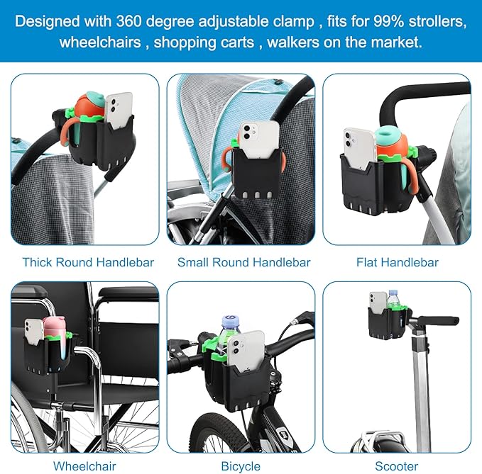 Accmor Stroller Cup Holder with Phone Holder, Universal Cup Holder, Bike Cup Holder, 360° Rotatable Large Caliber Drinks Holder for Stroller, Bike, Wheelchair, Walker-BubblyBeeBaby