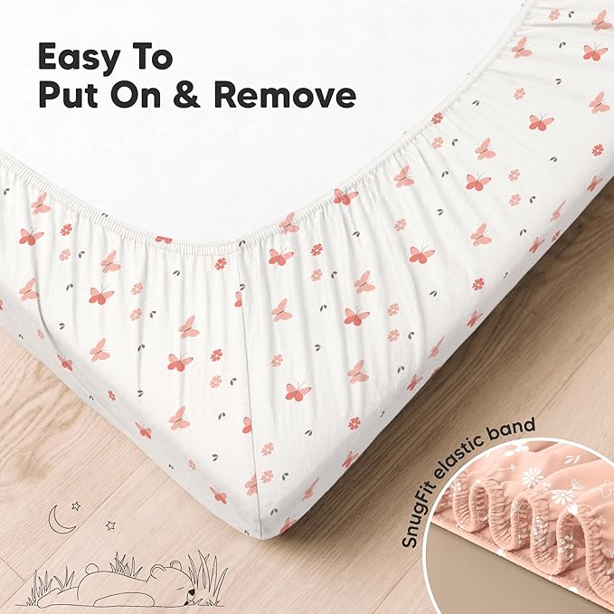 KeaBabies 2-Pack Organic Crib Sheets for Boys, Girls - 52x28 Fitted Crib Mattress Sheet Neutral, Breathable Jersey Cotton Cover for Baby Bed, Toddler Mattress, Soft & Cute Prints (Butterflies)-BubblyBeeBaby