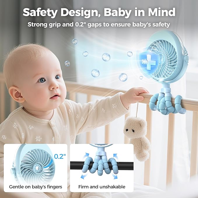 2025 Upgarded 4000mAh Misting Baby Stroller Fan, Rechargeable Battery Operated,Max 15Hrs Cooling,50ml Portable Water Sprayer Misting Fan with Flexible Tripod Clip on Car Seat Crib Treadmill Bunk Bed-BubblyBeeBaby