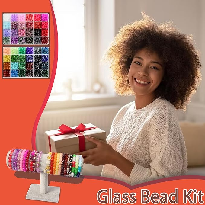 JULIMAIDONG 8mm Glass Beads for Bracelets 2100pcs, 48 Colors Round Crystal Glass Bracelet Making Kit for Jewelry Making Kits Bead DIY Crafts with Spacer Charms Accessories (48Color(Solid+Printing)-BubblyBeeBaby