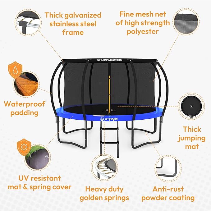 JUMPZYLLA Trampoline Outdoor 8FT 10FT 12FT 14FT 15FT 16FT with Enclosure and Ladder, ASTM Approved Recreational Trampoline for Kids and Adults, Anti-Rust Coated Frame-BubblyBeeBaby