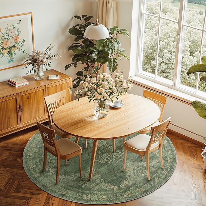 jinchan Round Rug 6ft Area Rugs Vintage Floral Distressed Design,Machine Washable Soft Non-Slip Low-Pile Ultra-Thin Circle Rug for Bedside Living Room Dining Room Bedroom (6' Round, Dark Green)-BubblyBeeBaby