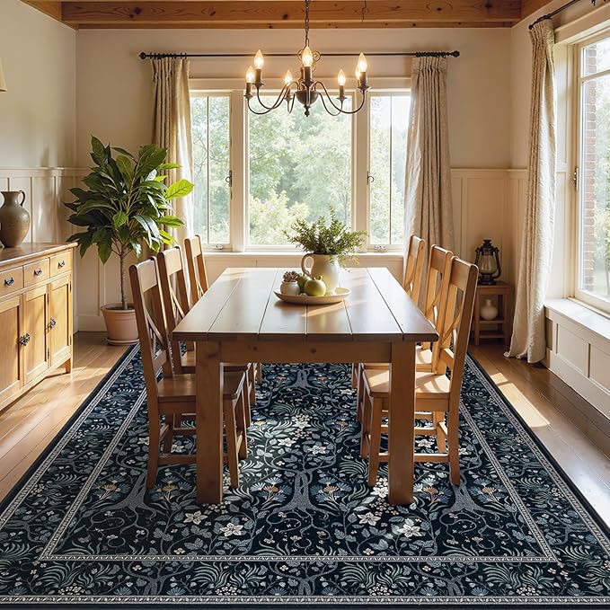 Joydeco Floral Living Room Rugs, Washable Large Bedroom Rug 8x10 Under Bed Non Slip, Soft Forest Botanical Low-Pile Floor Indoor Throw Carpet for Dining Table Home Office, Blue-Black-BubblyBeeBaby