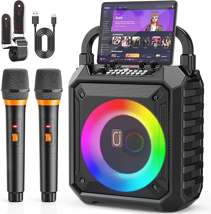 JYX Karaoke Machine with Two Wireless Microphones, Portable Speaker with LED Lights for Kids and Adults, Supports Bluetooth/USB/TF/AUX for Party-BubblyBeeBaby