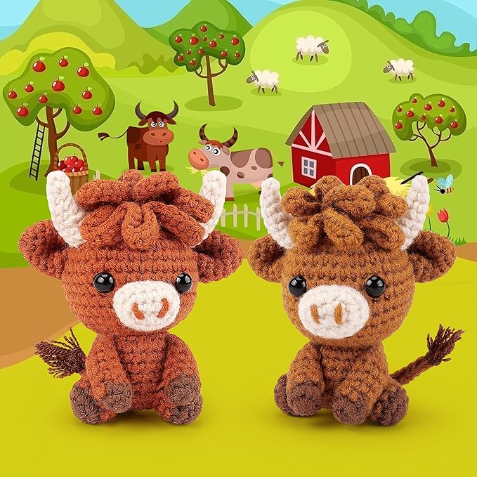 Highland Cow Crochet Kit for Beginners - 2PCS Animals Crochet Kit with Step-by-Step Video Tutorials, Highland Cows Crocheting Kit, Crochet Starter Kit for Kids and Adults, Stuffed Animal Knitting Kit-BubblyBeeBaby
