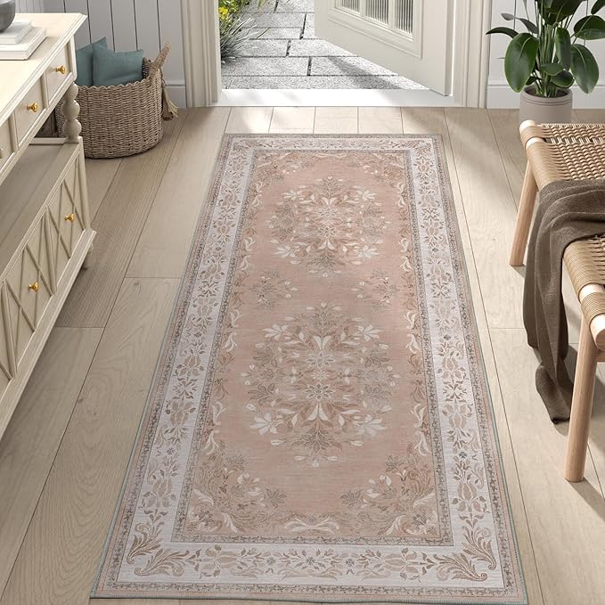 jinchan Vintage Floral Runner Rug 2x5 - Machine Washable Distressed Design Non-Slip Low-Pile Soft Thin Carpet for Hallway Kitchen Farmhouse Bedroom Entryway Laundry Room (2x5ft,Coral Pink)-BubblyBeeBaby