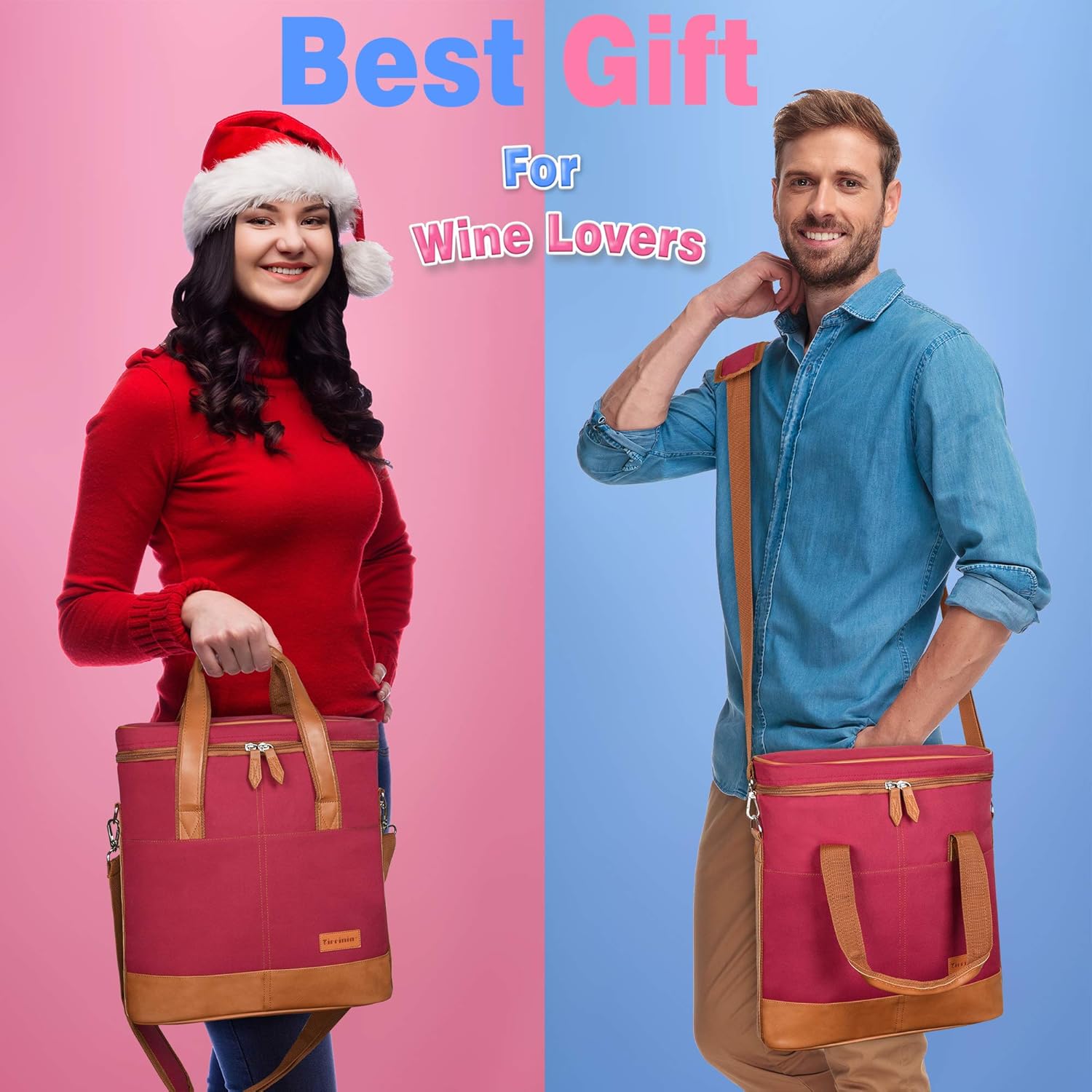 Tirrinia Insulated Wine Gift carrier - 3 Bottle Travel Padded Wine Carry Cooler Tote Bag with Handle and Adjustable Shoulder Strap, Red