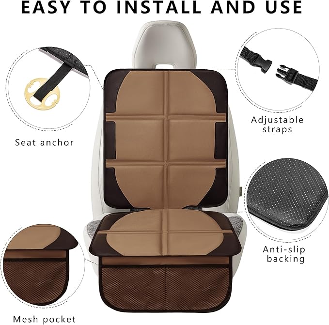 Car Seat Protector, 2 Pack Baby CarSeat Covers with Mesh Pockets & Non-Slip Backing 600D Durable Seat Protectors Under Car Seat for Baby (Black & Brown, Large)-BubblyBeeBaby