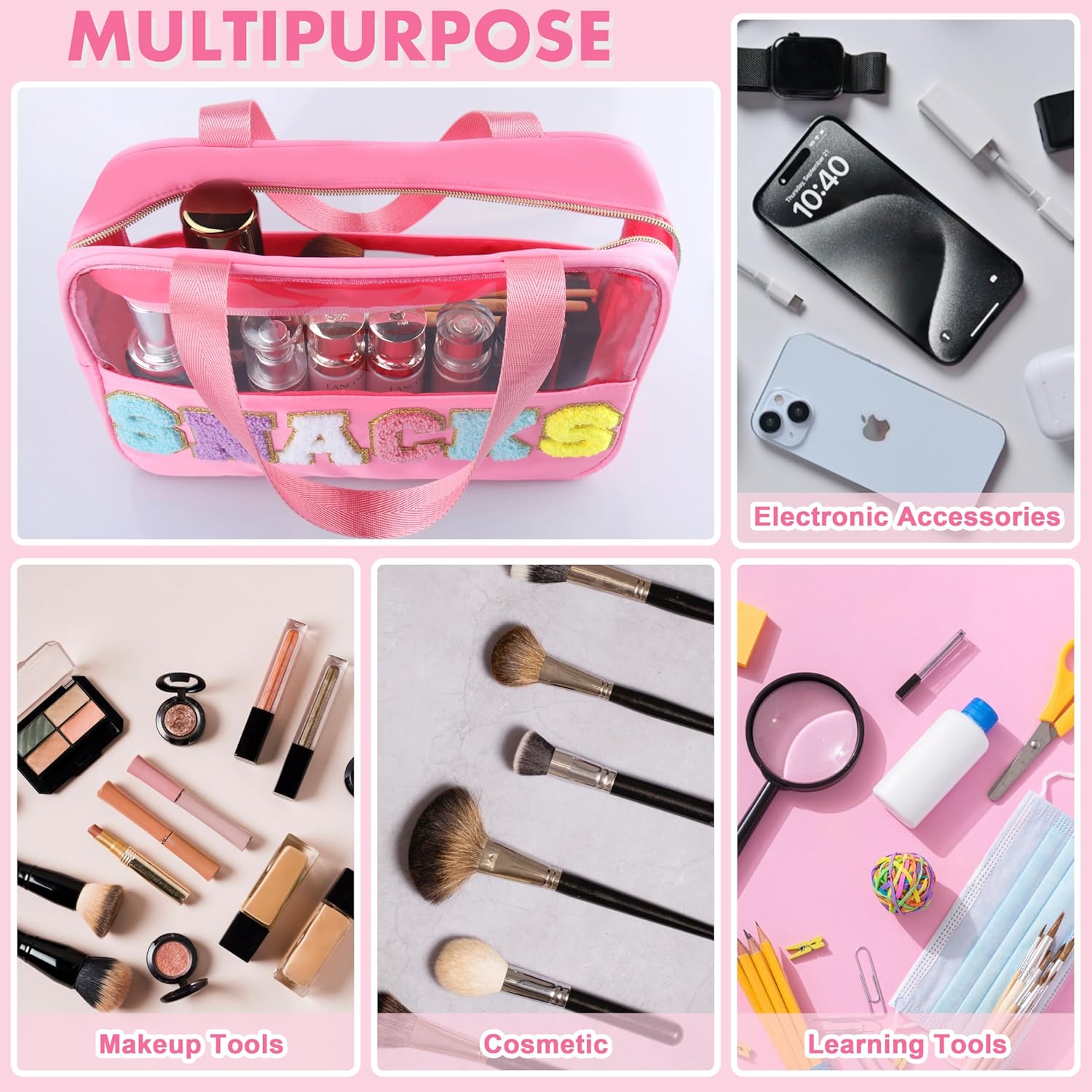 Snack Bag for Travel - Chenille Letter Clear Makeup Bag, Large Preppy Patch Snack Cosmetic Bag with Handle and Zipper, Cute Makeup Pouch Nylon&PVC Waterproof Toiletry Organizer Storage for Women Girls