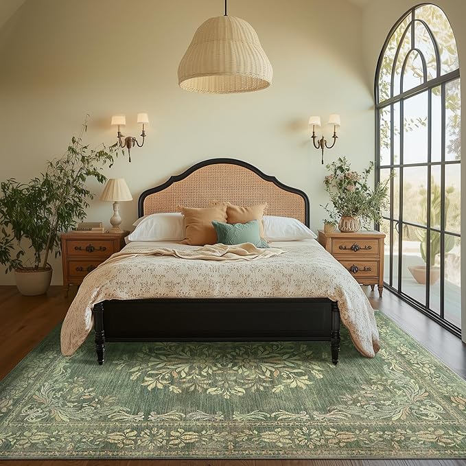 jinchan Green Floral 8x10 Area Rugs for Living Room - Machine Washable Vintage Distressed Design Soft Throw Rug Non-Slip Large Carpet for Bedroom Nursery Dining Room Home Office (8x10ft,Dark Green)-BubblyBeeBaby