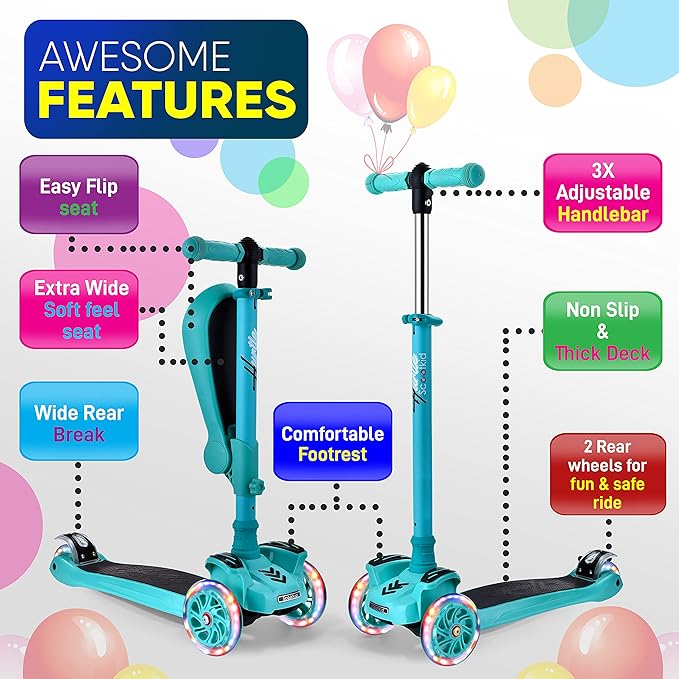Hurtle 3-Wheeled Scooter for Kids - Wheel LED Lights, Adjustable Lean-to-Steer Handlebar, and Foldable Seat - Sit or Stand Ride with Brake for Boys and Girls Ages 1-14 Years Old-BubblyBeeBaby