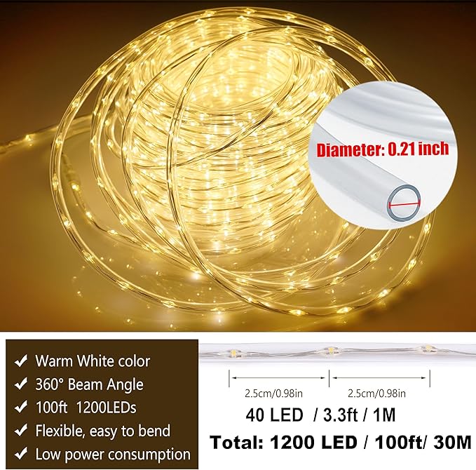 100ft 1200 LED Rope Lights Outdoor, Connectable Warm White Rope Lights Plug in, Outdoor String Lights Waterproof Decorative Lighting for Deck Patio Backyard Garden Pool Camping Room Indoor Décor-BubblyBeeBaby
