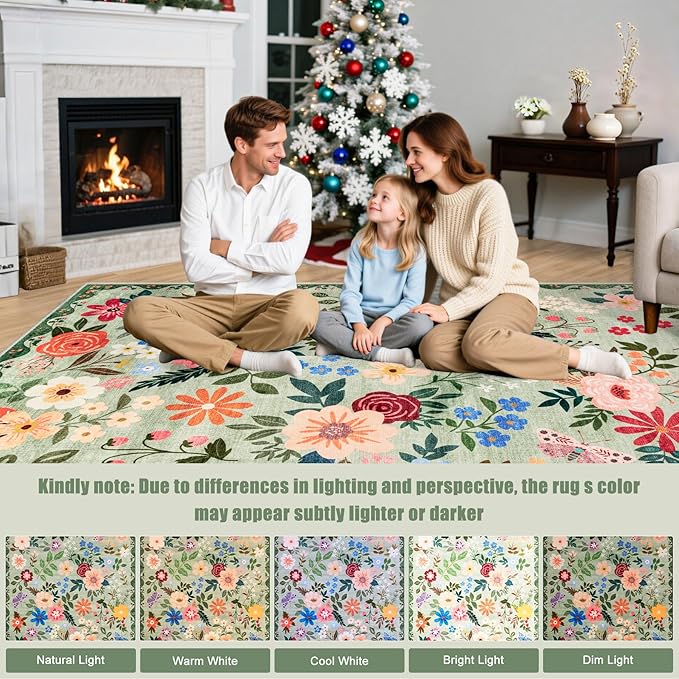 10x14 Area Rugs for Living Room: Floral Washable Rug Vintage Large Soft Boho Non-Slip Carpet Indoor Stain Resistant Low Pile Carpets for Bedroom Dining Room Farmhouse Nursery Hallway Home Office Green-BubblyBeeBaby