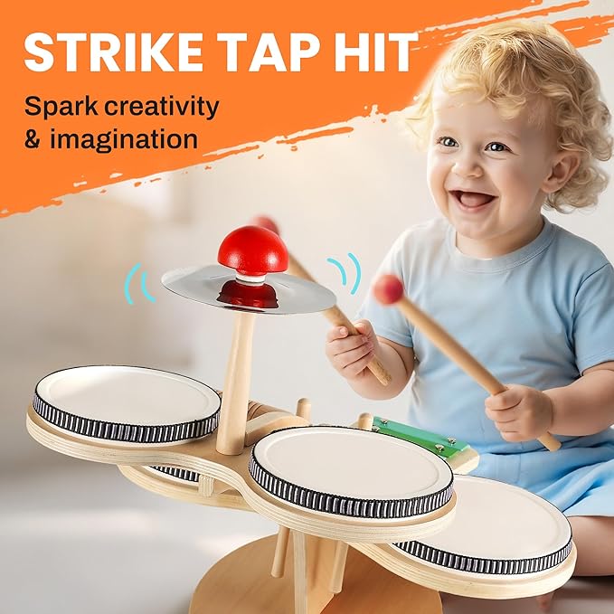 iPlay, iLearn Toddler Wooden Drum Set, Kids Musical Instruments Toy, 8 in 1 Percussion Drum Kit W/Xylophone Cymbal, Baby Montessori Learning Birthday Gifts for 18 Month, 2 3 4 5 6 Year Old Boy Girl-BubblyBeeBaby